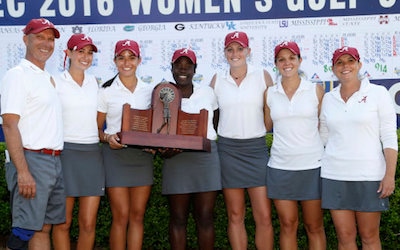 Alabama with SEC title trophy <br>(University of Alabama Photo)</br>