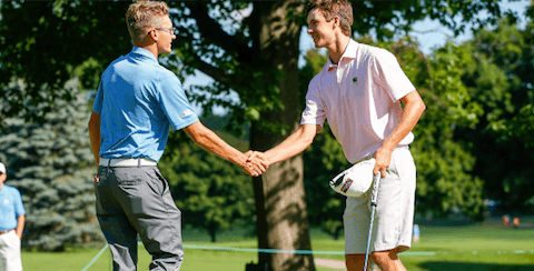 Alex Smalley (L) shakes hands with Dylan Meyer (R) after Round of 32 match <br>(USGA Photo)