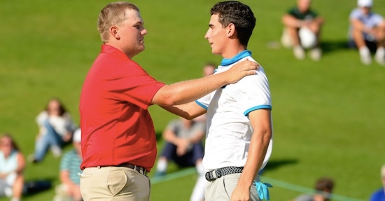 Braden Thornberry (left) is congratulated by Joaquin Niemann<br>on the 18th green at Riviera CC (JD Cuban, USGA)