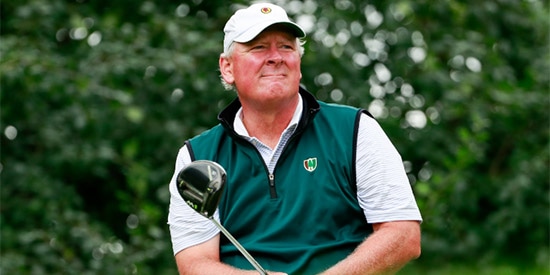 Gene Elliott at the U.S. Senior Amateur, sporting the logos of his two favorite courses<br>(USGA photo)