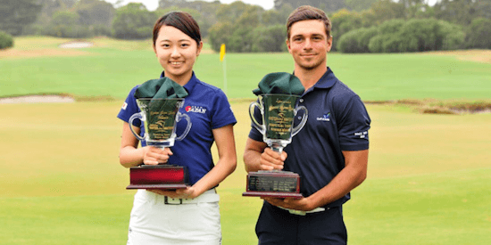 Women's Division winner Yuka Yasuda (L) <br>and Men's Division winner David David Micheluzzi (R) <br>(Australian Master of the Amateurs Photo)