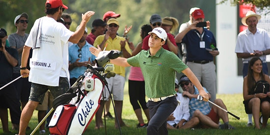 Joaquin Niemann electrifies the crowd with a hole-out bunker shot on his final hole<br>(LAAC photo)