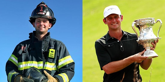 The two lives of Matt Parziale: on Ladder 1 of the Brockton Fire Department, and on<br>the golf course as a USGA champion (John Tlumacki/Boston Globe and USGA photos)