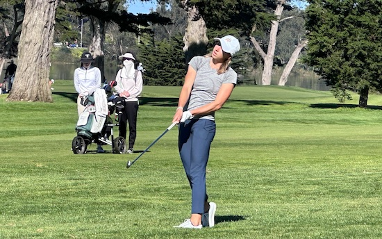 Nicole Kaminski of San Jose State eyeballs her second shot on No. 1 at Harding Park