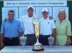 Jordan Blann, second from left, is joined by<br>AT&T's David McFaddin, brother and runner-up<br>Seth Blann and Richmond's Mayor Connie Lawson