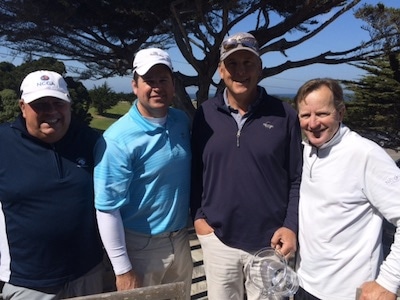 Winners Jerry Ledzinski (light blue shirt) and Jeff Britton<br>are flanked by Senior Champs<br>Mark Miller (far left) and Casey Boyns