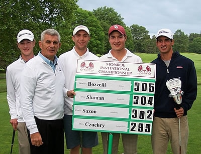 Monroe CC head pro Jim Mrva with<br>top finishers in 2013