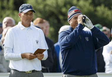 2015 Walker Cup teammates Scott Harvey and Mike<br>McCoy, who are the two most recent U.S.<br>Mid-Amateur champions (Chris Keane/USGA)
