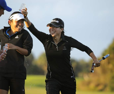 Mika Liu (R) celebrates her victory (courtesy of Nigel Cook) 