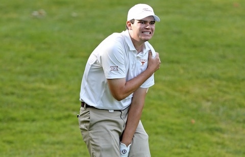 Beau Hossler of Texas grabs his shoulder in pain after hitting a shot at No. 17 <br> (Golfweek/Tracy Wilcox)