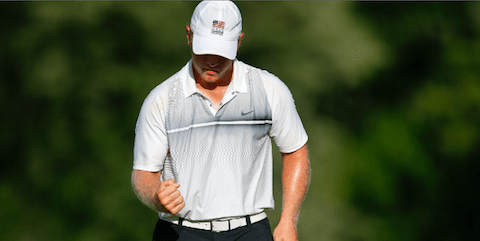 Brad Dalke reacts to a made putt in the U.S. Amateur Round of 16 <br>(USGA Photo) 