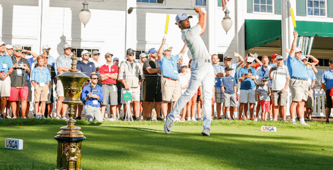 Curtis Luck hits his opening tee shot in the U.S. Amateur title match <br>(USGA Photo)
