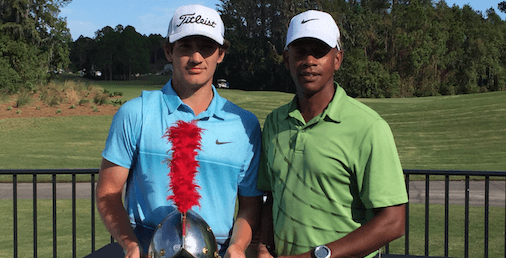 Brandon Mancheno (L) and caddy following St. Augustine Amateur victory <br>(Photo Courtesy of Wes Tucker)