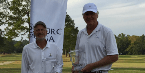 Doug Hanzel (R) and Jack Hall (L) celebrate a second straight <br>Georgia Senior Four-Ball title <br>(GSGA Photo)