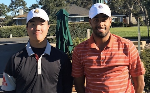 Sean Yu (left) and Sebastian Crampton are tied with Ashkaan Hakim<br> after posting 2-under par 70 at Del Monte G.C.