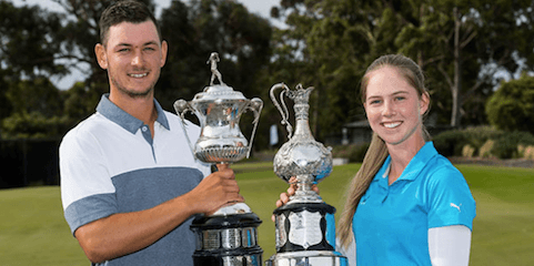 Dylan Perry (L) and Alizza Hetherington (R) after their <br>Victorian Amateur triumphs <br>(Golf Victoria Photo)