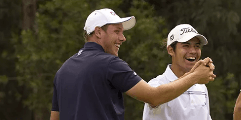 Playing opponent Shae Wools-Cobb congratulating Matias Sanchez <br> after his quarterfinals hole-in-one <br>(Golf Australia Photo)