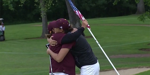 Monica Vaughn embraces Coach Missy Farr-Kaye after her winning putt
