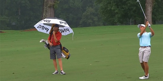 Dawson Armstrong battled the rain and his swing, but maintained a share of the lead.