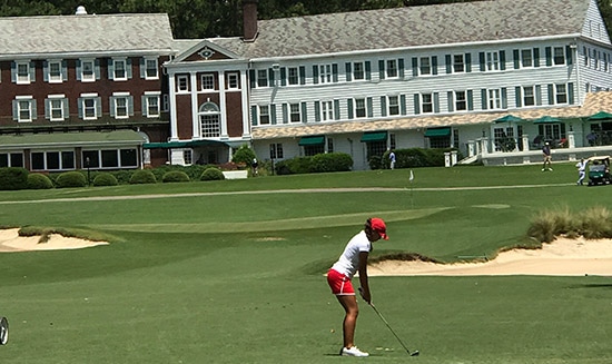 Krystal Quihuis approaches the final hole at Mid Pines<br>(Women's Trans photo)