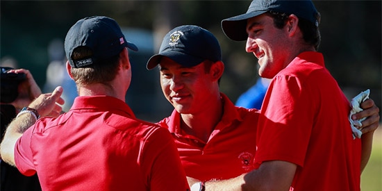 Collin Morikawa with Doc Redman (L) and Scottie Scheffler (R)<br>after Morikawa's 3&2 singles win Saturday (USGA photo)