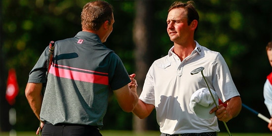 Matt Parziale receives congratulations from Sam O'Dell after advancing to the final 8<br>(USGA photo)