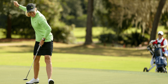 Mary Jane Hiestand celebrates her winning putt on the 19th hole <br>of her quarterfinal match <br>(UGA Photo)