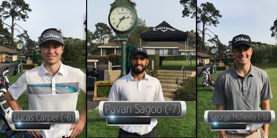 First Round leaders Pavan Sagoo (C) with Lucas Carper (L) and George McNeeley (R)