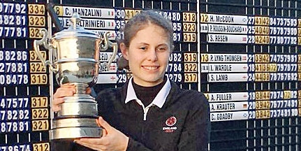 The numbers on the scoreboard behind Isobel<br>Wardle tell the story (England Golf photo)