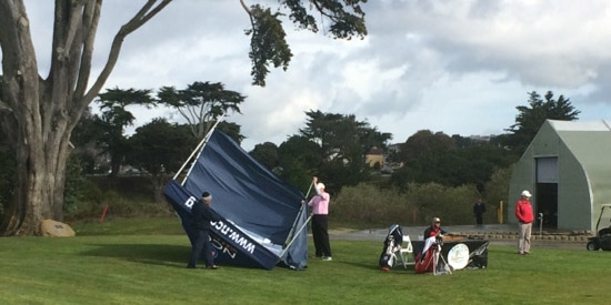 The day got off to a blustery start, as evidenced by this tent blowover at Harding Park