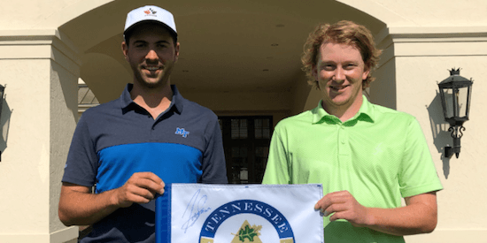 Joey Savoie (L) with former St. Leo teammate and now caddy Liam Ainsworth.<br> The two played together on 2016 NCAA Division II St. Leo national title team <br>(TN Golf Association Photo)