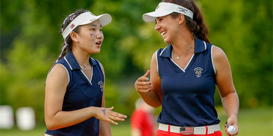 Lucy Li (L) and Sophia Schubert enjoyed their 7&5 foursomes win (USGA photo)