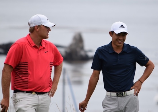 Braden Thornberry (left) shares a laugh with Collin Morikawa<br>AmateurGolf.com photo