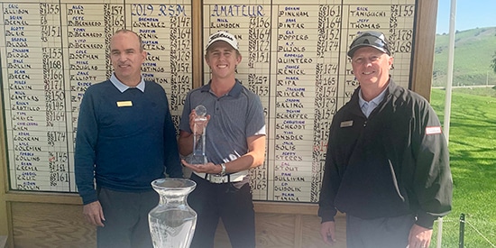 Jack Solis (middle) flanked by PGA pro Steve Puck and director of golf Rob Heslar