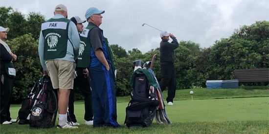 Sean Knapp tees off on No. 18 at Sunnehanna CC (AGC photo)