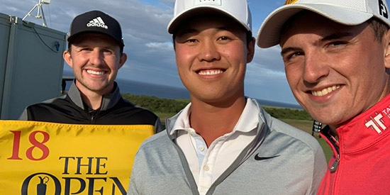 Brandon Wu (center) qualified from St. Andrews along with Connor Syme and Sam Locke<br>(R&A Twitter photo)