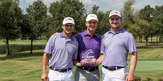 Hayden White and Trey Winstead flank David Toms (LSU Athletics photo)