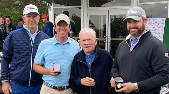 Gary Durbin (far left) and Jackie Burke (c) congratulate Champions Cup winners<br>Brad Segreto (2nd left) and John Hunter