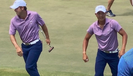 Pierceson Coody (left) and John Pak left the 18th hole energized<br>after a par saving putt, but lost 1-down to a par on 18