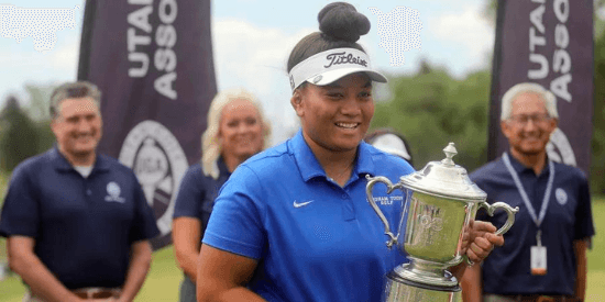 Lili Galea'i hoists the Utah Women's Amateur trophy<BR> (photo by Kristin Murphy, Deseret News)