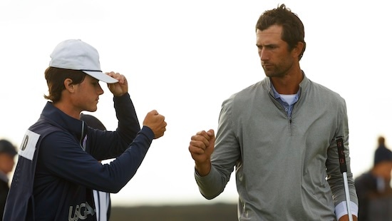 Stewart Hagestad and Caddie Peter Kiley celebrate a 5-up lead <br>USGA photo
