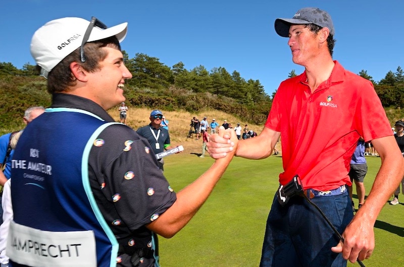 Lamprecht's caddie Palmer Cup teammate, Christiaan Maas, who was on the bag for Aldrich Potgieter<br> when he won at Royal Lytham & St Annes 12 months ago. (R&A photo)