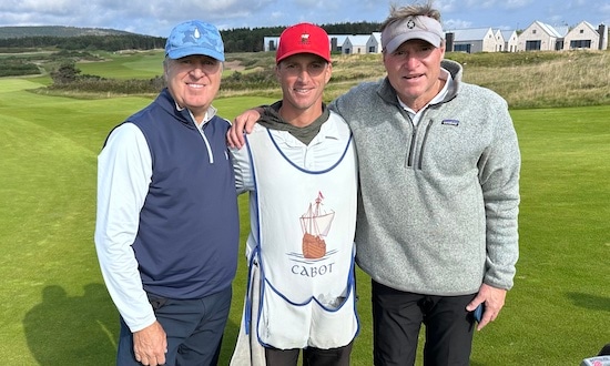 Heading for the finals after a tough battle:<br>Trygve Mikkelsen, Andrew (caddie), and Vince Sakowski