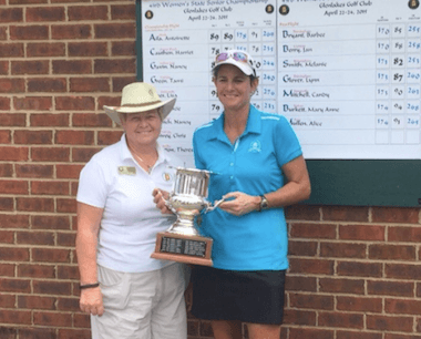 Tournament chairman Sandy Santa Rossa (left)<br>Women's State Senior champion Susan West (AGA photo)