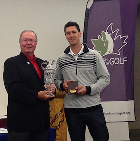 David Atkinson, President Of British Columbia Golf, presents the trophy to Belton <br>(credit: Alfie Lau and British Columbia Golf Association)