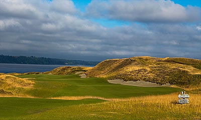 The first hole at Chambers Bay <br>heads out towards Puget Sound<br>USGA Photo
