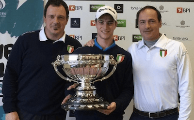 Migliozzi is flanked by Italian coaches Federico Bisazza (left) <br>and Alberto Binaghi