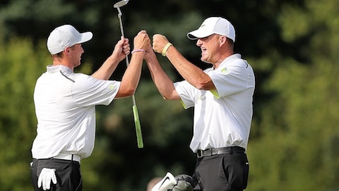 Oregon’s Casey Martin celebrates with Sulman Raza after he wins his match<br>advancing Oregon to the finals (Golfweek - Tracy Wilcox)