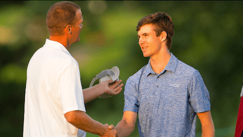Scott Harvey (L) congratulates Alex Smalley (R) after Round of 64 match <br>(USGA Photo)