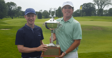 Jesse Bull (L) and Andrew McCain (R) hold Minnesota Four-Ball trophy <br>(MGA Photo)